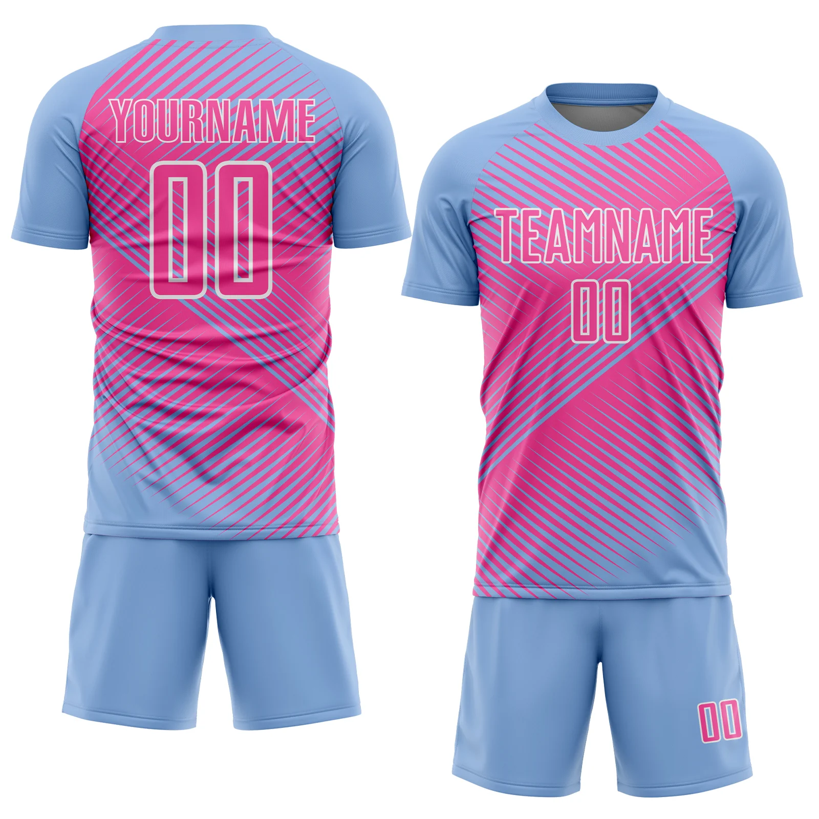 Custom Light Blue Pink-White Line Sublimation Soccer Uniform Jersey - Image 2