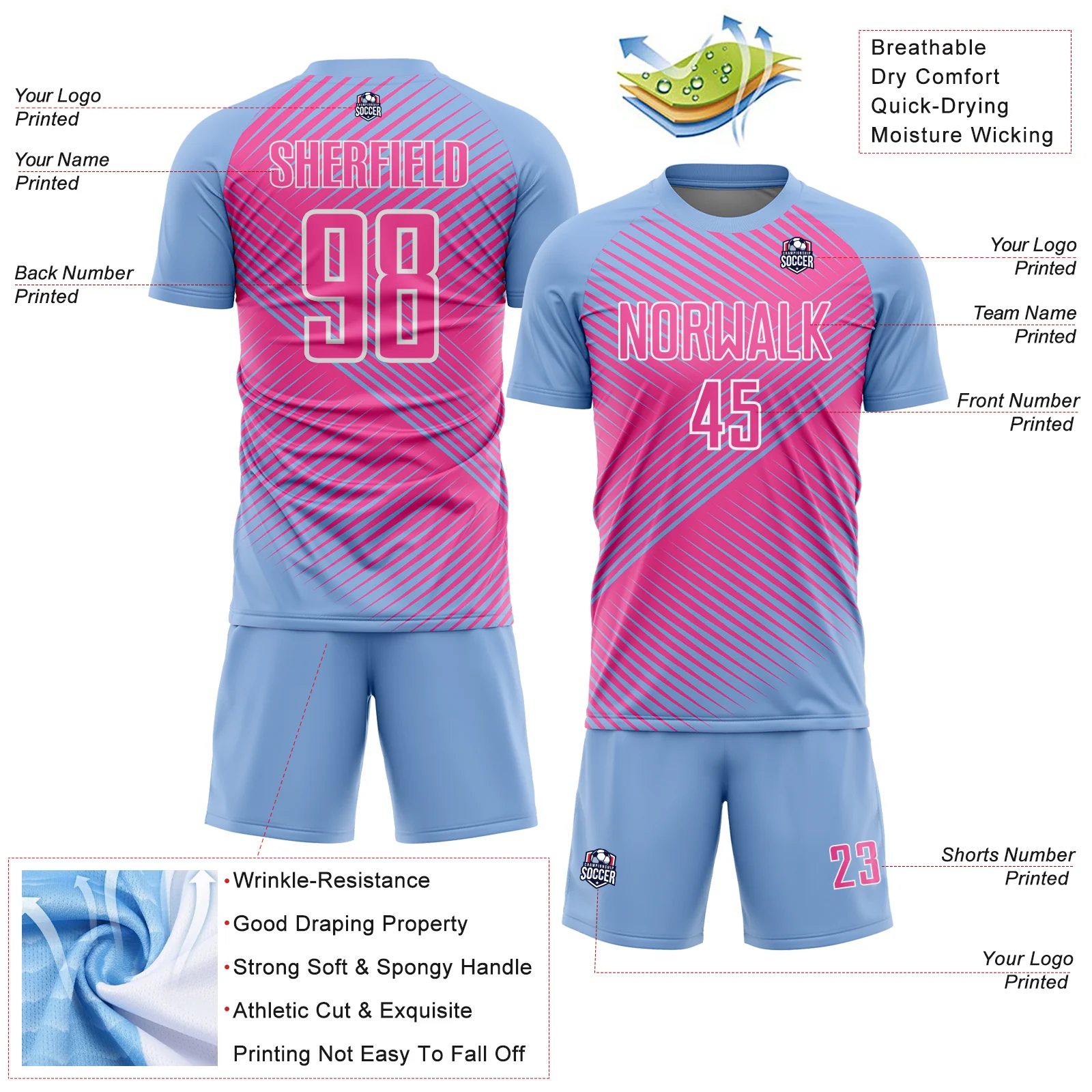 Custom Light Blue Pink-White Line Sublimation Soccer Uniform Jersey - Image 4