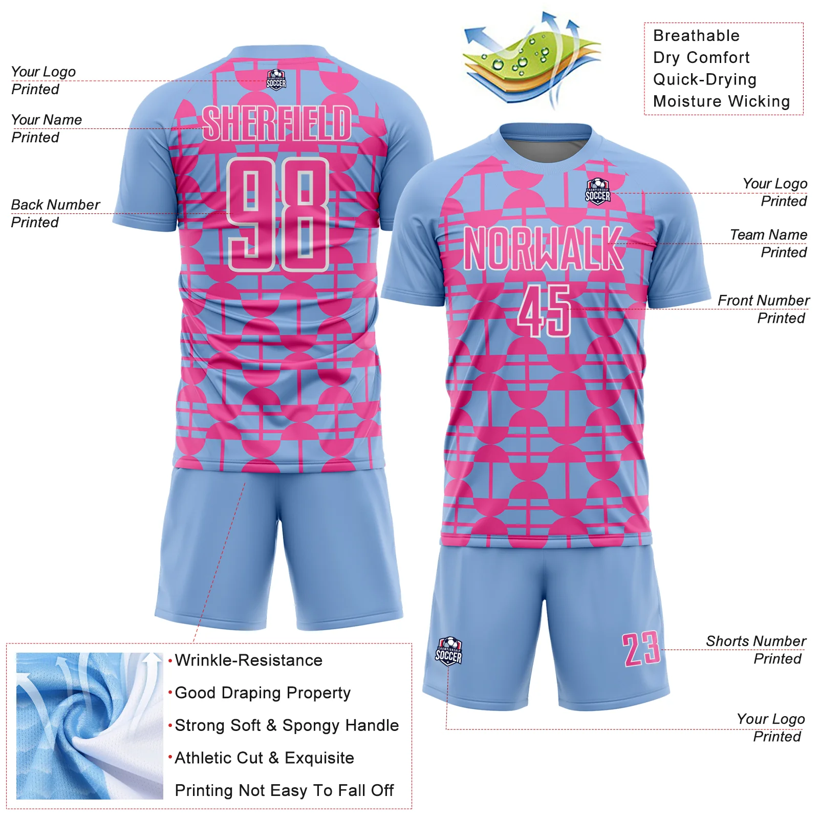 Custom Light Blue Pink-White Geometric Shapes Sports Sublimation Soccer Uniform Jersey - Image 4