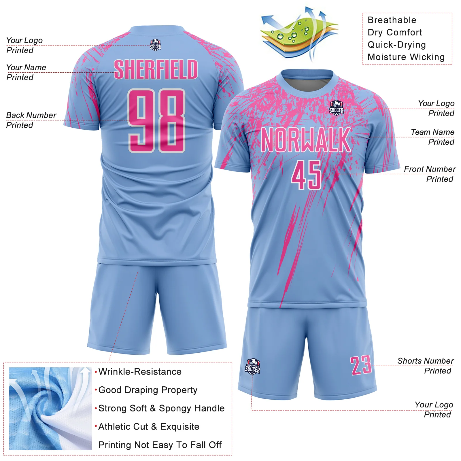 Custom Light Blue Pink-White Splash Sports Sublimation Soccer Uniform Jersey - Image 4