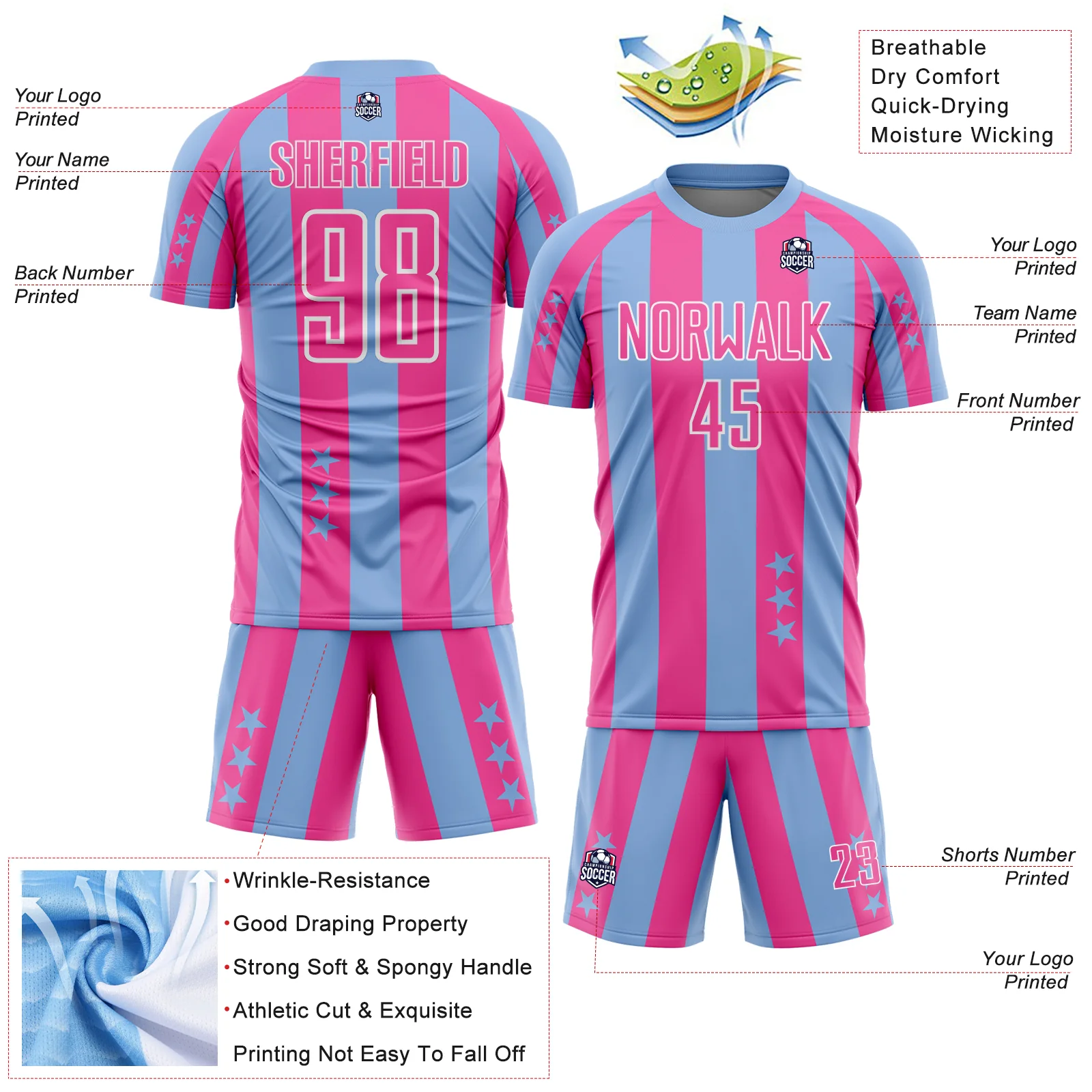 Custom Light Blue Pink-White Stars And Stripes Sports Sublimation Soccer Uniform Jersey - Image 4