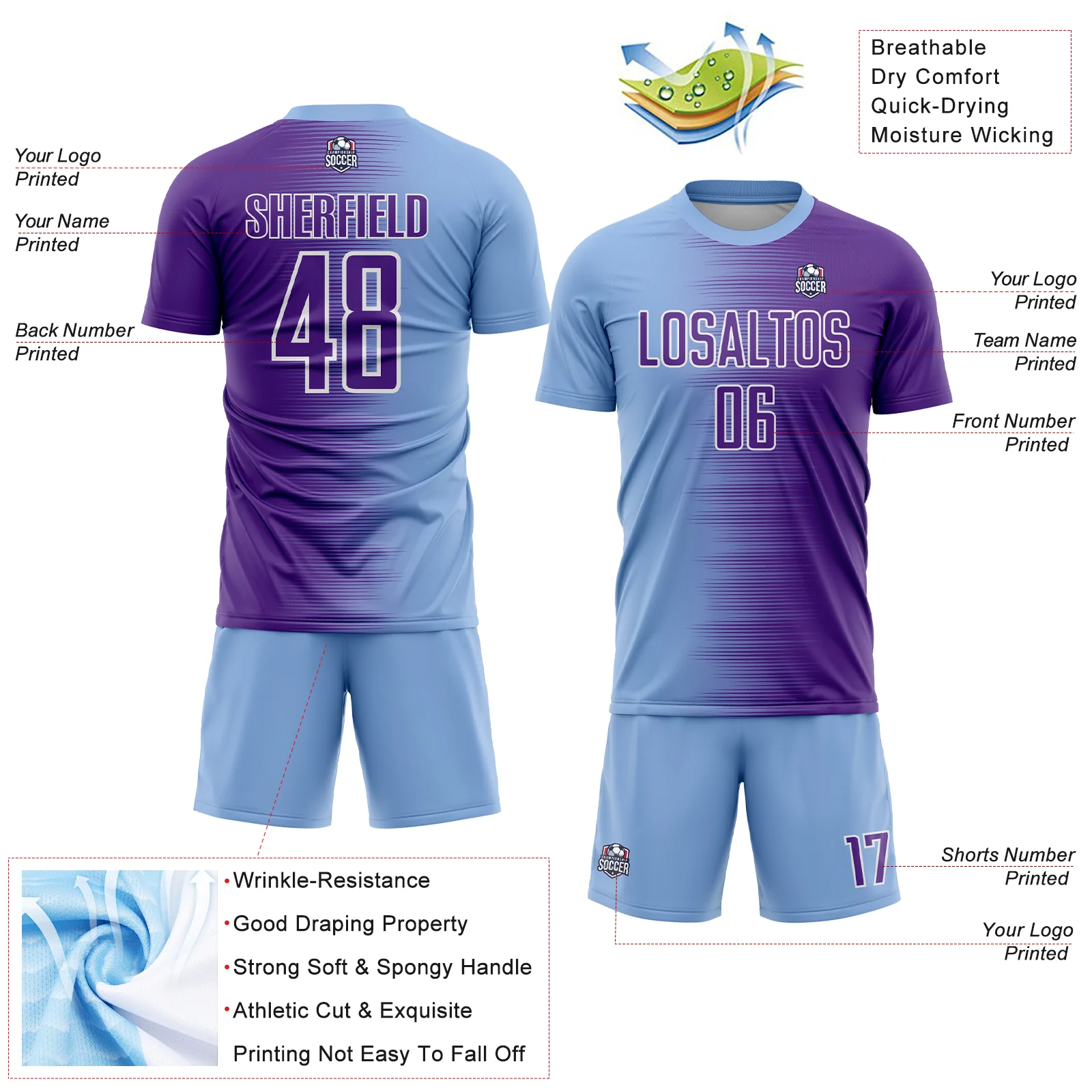 Custom Light Blue Purple-White Gradient Line Sublimation Soccer Uniform Jersey - Image 4