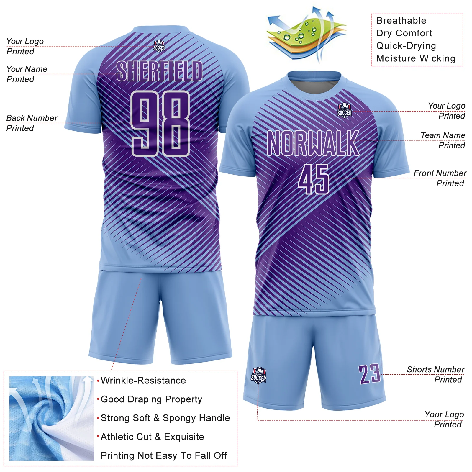 Custom Light Blue Purple-White Line Sublimation Soccer Uniform Jersey - Image 4