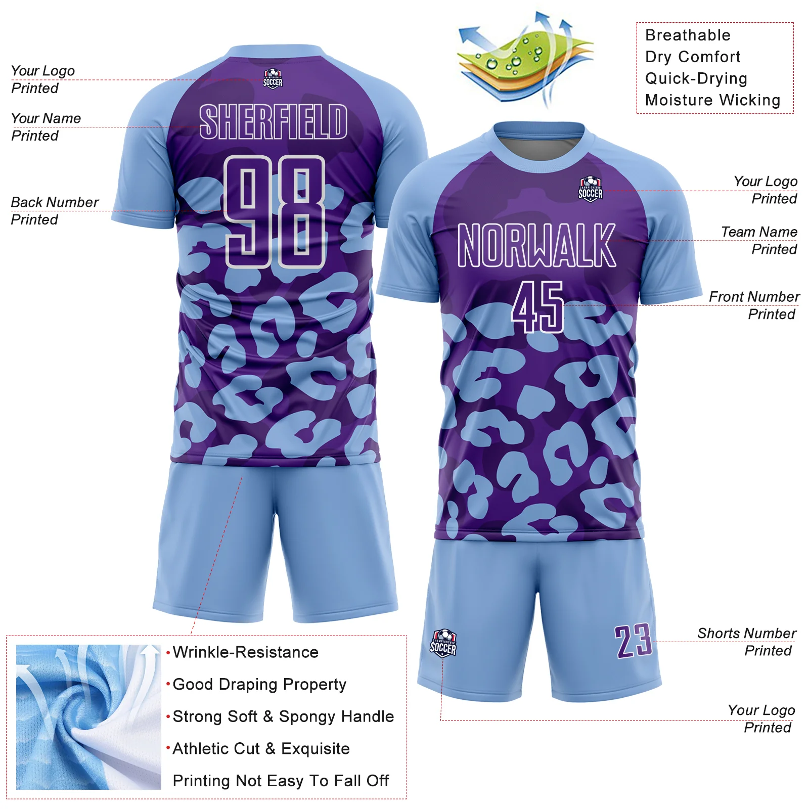 Custom Light Blue Purple-White Animal Leopard Print Sports Sublimation Soccer Uniform Jersey - Image 4