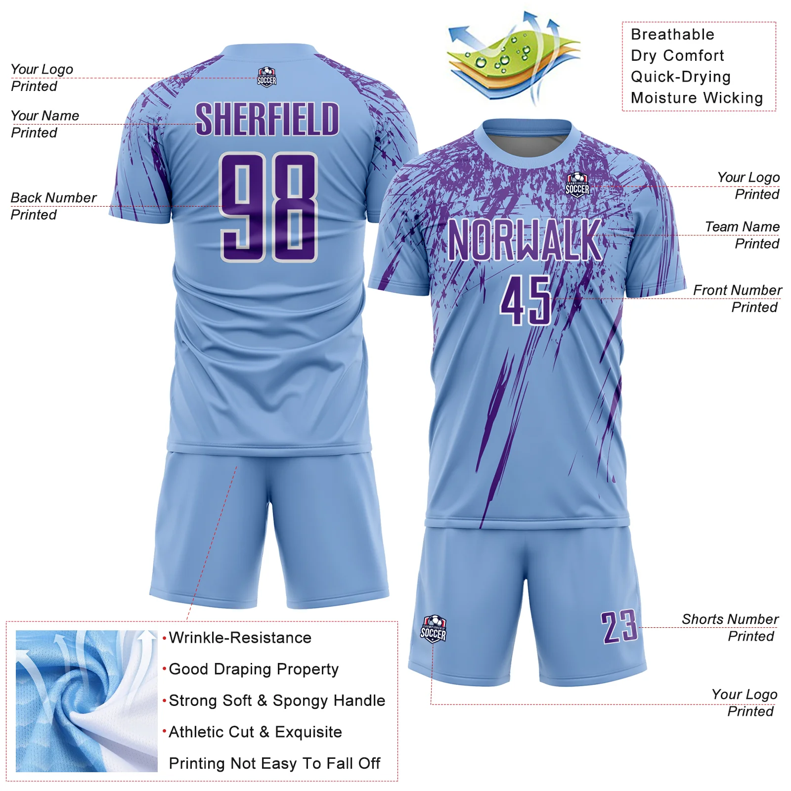Custom Light Blue Purple-White Splash Sports Sublimation Soccer Uniform Jersey - Image 4