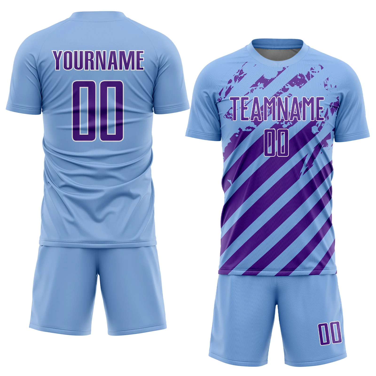 Custom Light Blue Purple-White Distressed Diagonal Stripe Pattern Sports Sublimation Soccer Uniform Jersey - Image 2