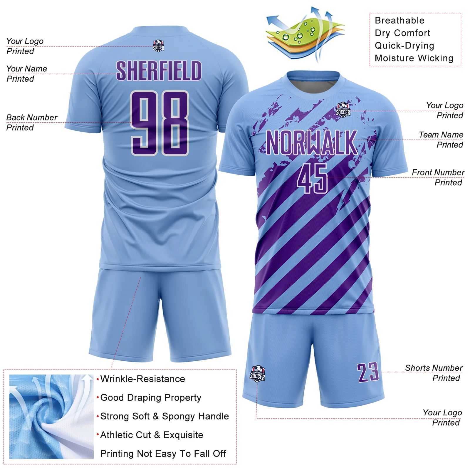 Custom Light Blue Purple-White Distressed Diagonal Stripe Pattern Sports Sublimation Soccer Uniform Jersey - Image 4