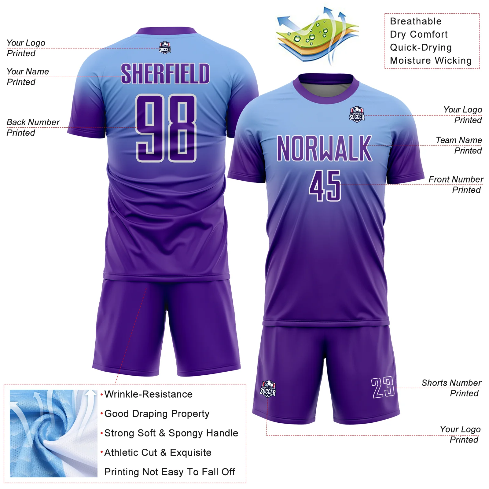 Custom Light Blue Purple-White Fade Fashion Sublimation Soccer Uniform Jersey - Image 4