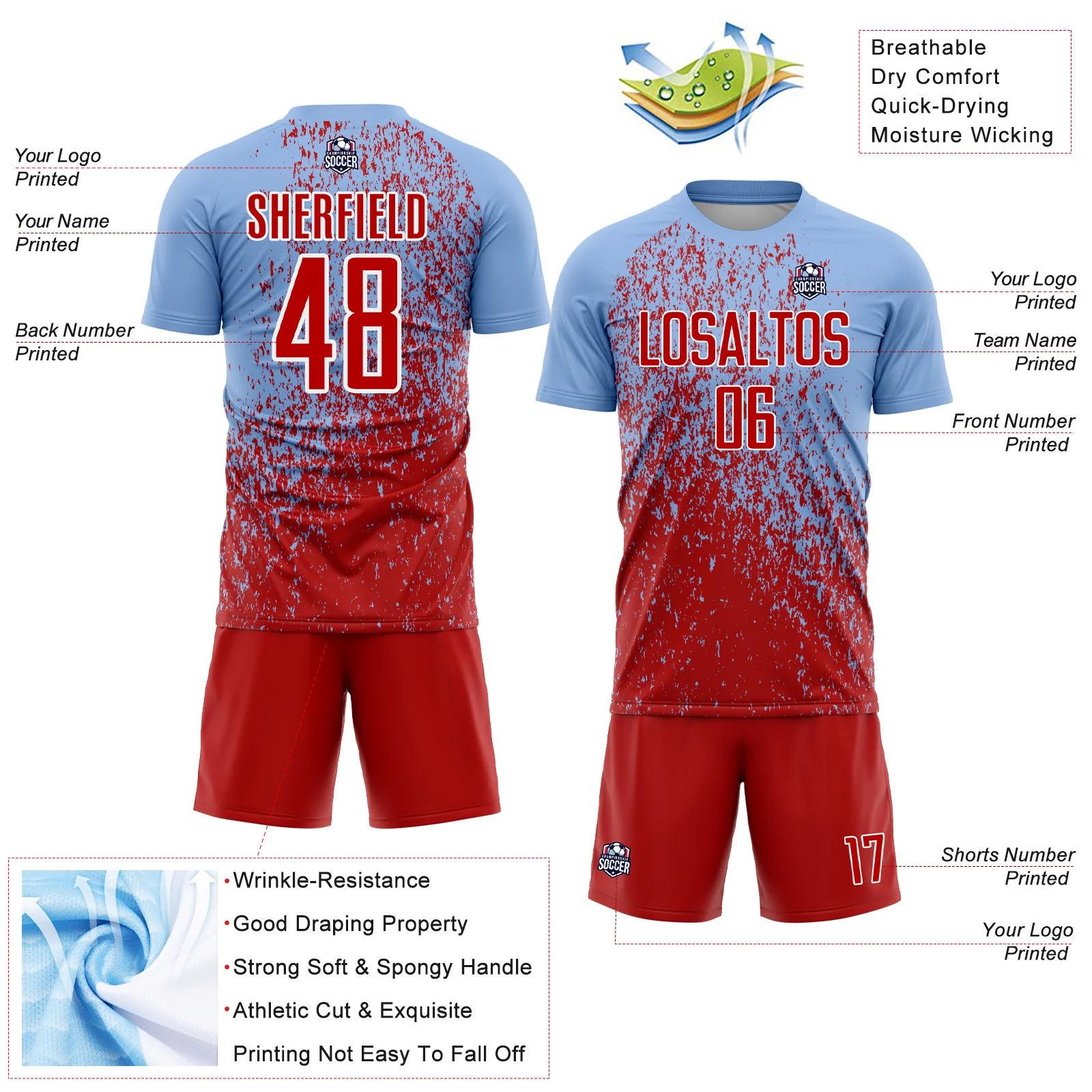 Custom Light Blue Red-White Abstract Fragment Art Sublimation Soccer Uniform Jersey - Image 4