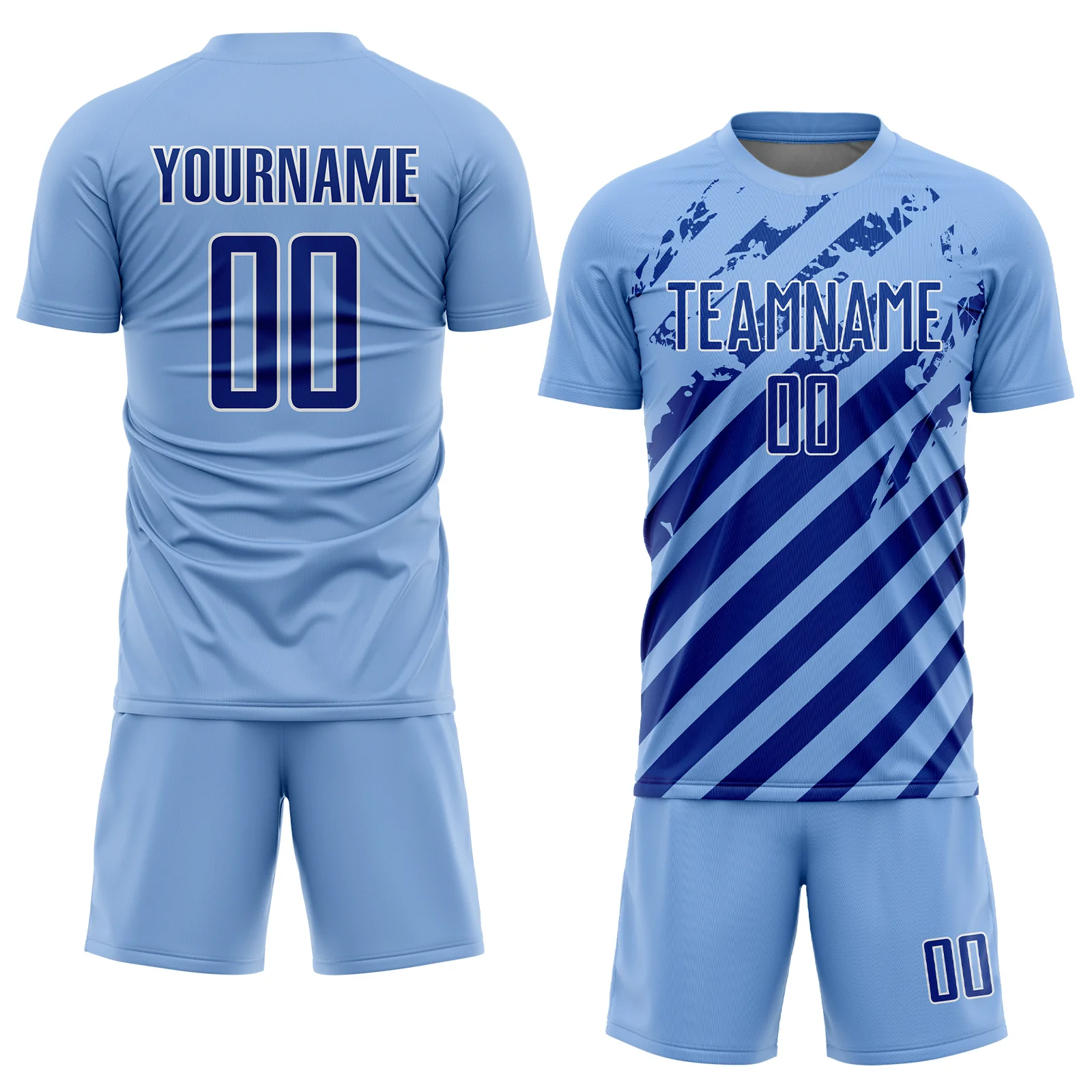 Custom Light Blue Royal-White Distressed Diagonal Stripe Pattern Sports Sublimation Soccer Uniform Jersey - Image 2