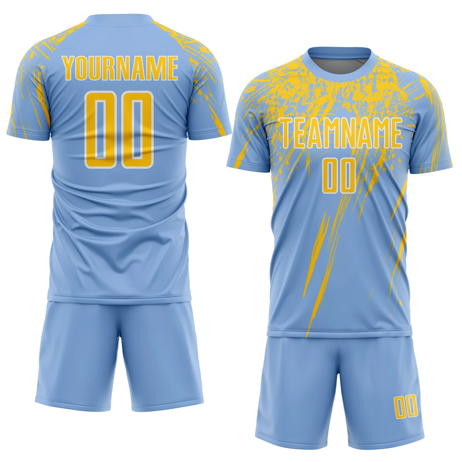 Custom Light Blue Yellow-White Splash Sports Sublimation Soccer Uniform Jersey - Image 2