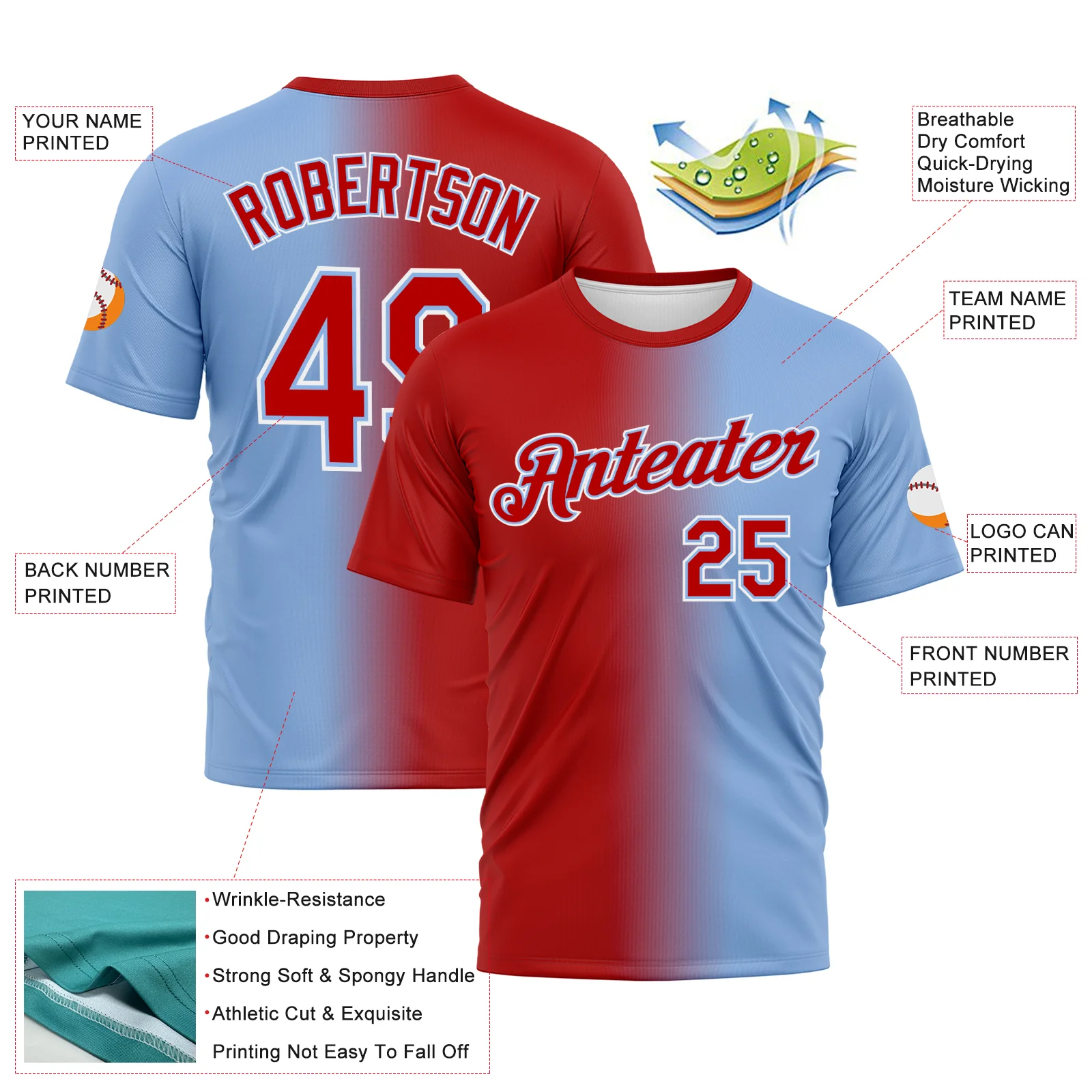 Custom Light Blue Red-White Gradient Fashion Performance T-Shirt - Image 3