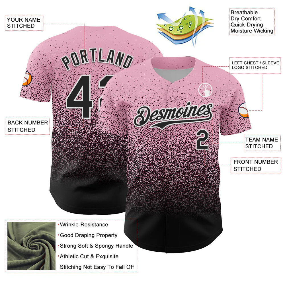 Custom Light Pink Black-White Fade Fashion Speckle Authentic Baseball Jersey - Image 3