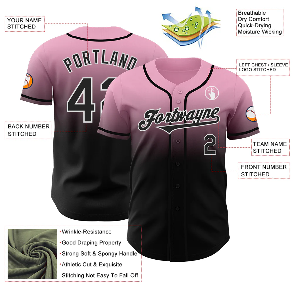 Custom Light Pink Black-White Authentic Fade Fashion Baseball Jersey - Image 3