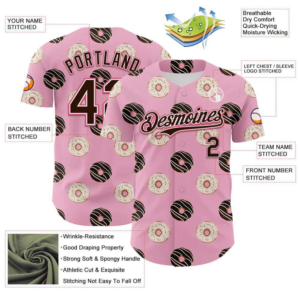 Custom Light Pink Brown-Neon Pink 3D Pattern Design Foodie Food Dessert Doughnut Authentic Baseball Jersey - Image 3