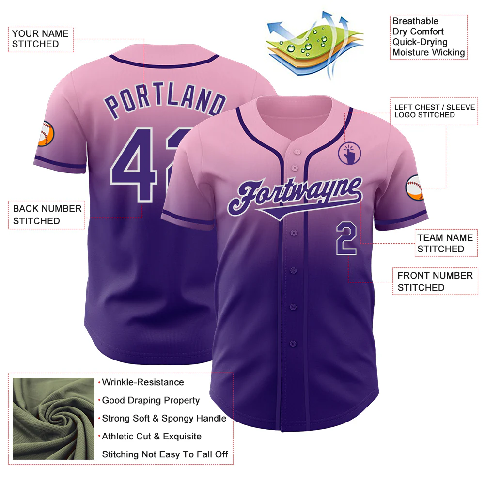 Custom Light Pink Purple-White Authentic Fade Fashion Baseball Jersey - Image 3
