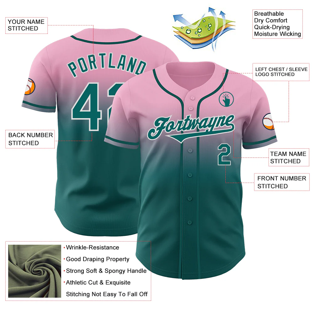 Custom Light Pink Teal-White Authentic Fade Fashion Baseball Jersey - Image 3