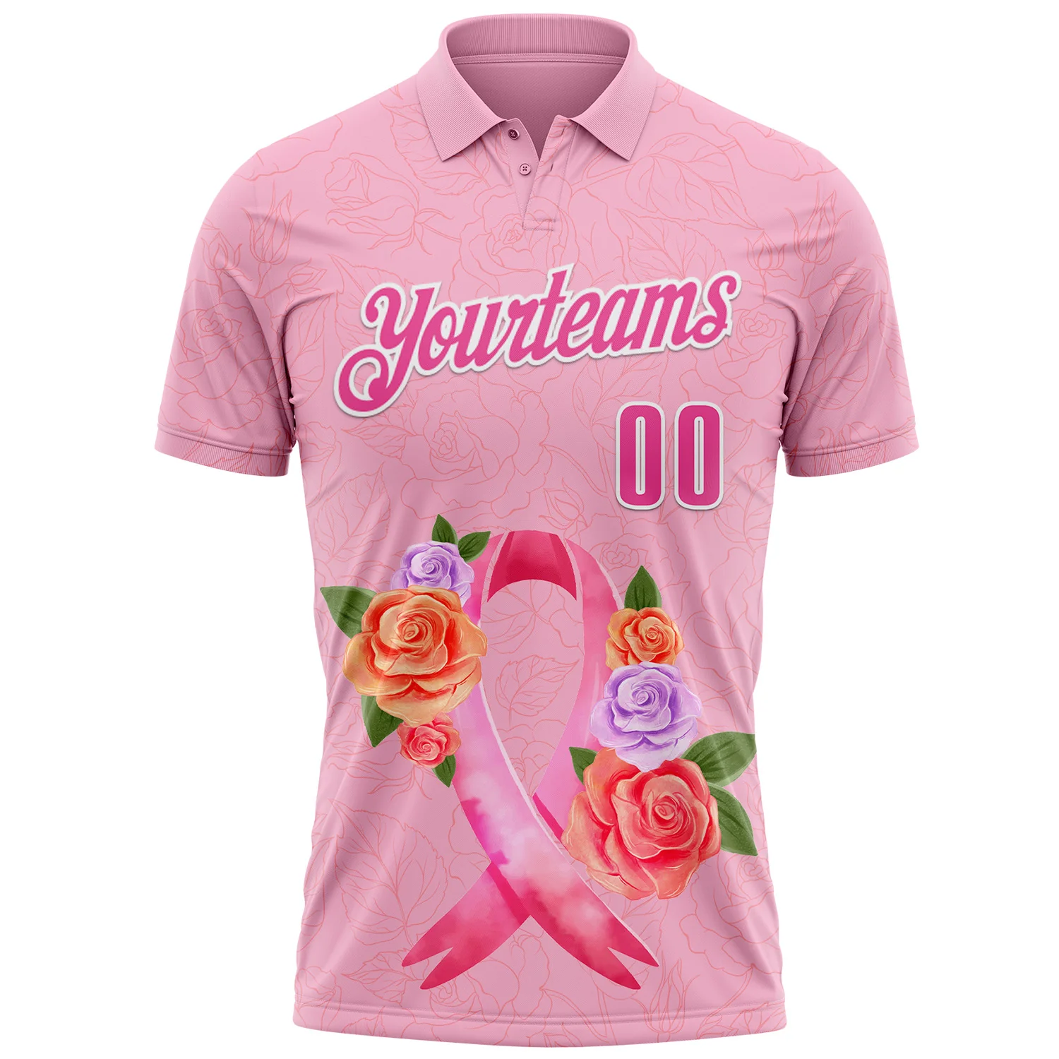 Custom Light Pink Pink-White 3D Pink Ribbon Breast Cancer Awareness Month Women Health Care Support Floral Performance Polo Shirt - Image 2