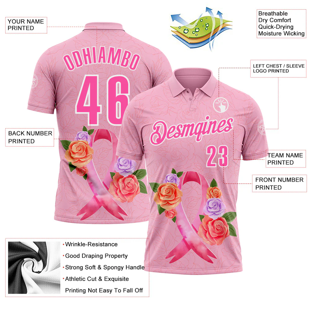 Custom Light Pink Pink-White 3D Pink Ribbon Breast Cancer Awareness Month Women Health Care Support Floral Performance Polo Shirt - Image 3