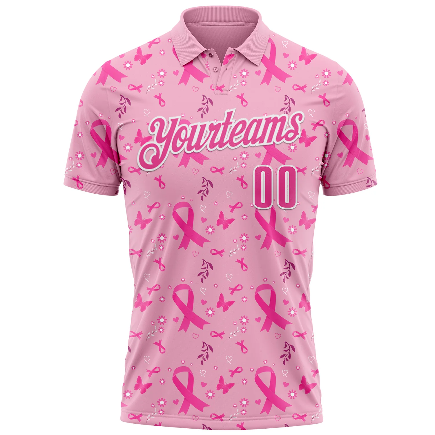 Custom Light Pink Pink-White 3D Pink Ribbon Breast Cancer Awareness Performance Polo Shirt - Image 2