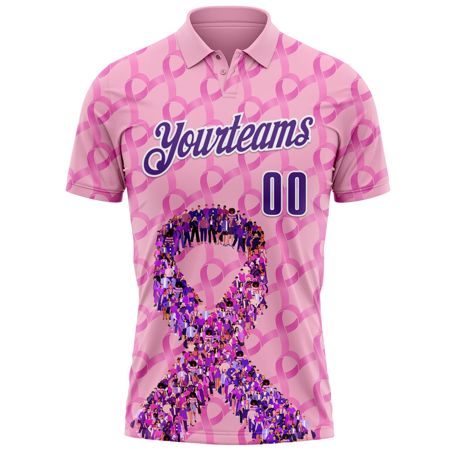 Custom Light Pink Purple-White 3D Pink Ribbon Breast Cancer Awareness Performance Polo Shirt - Image 2