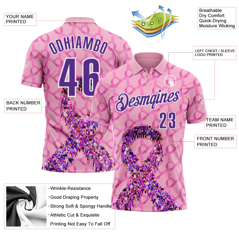 Custom Light Pink Purple-White 3D Pink Ribbon Breast Cancer Awareness Performance Polo Shirt - Image 3