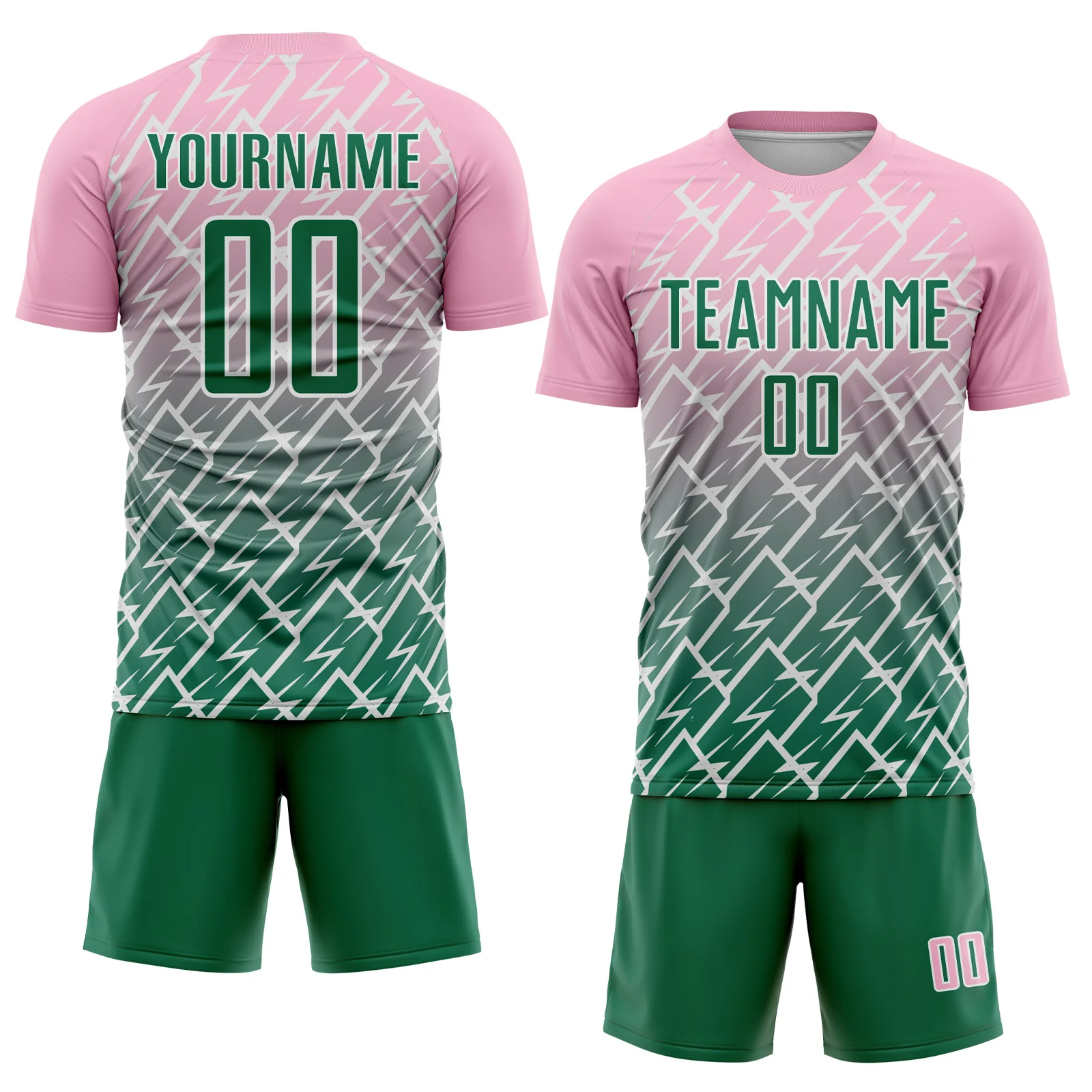 Custom Light Pink Kelly Green-White Lightning Sports Sublimation Soccer Uniform Jersey - Image 2