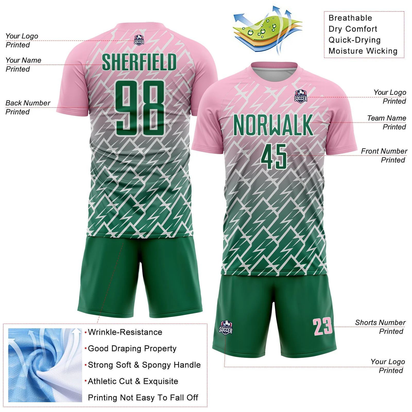 Custom Light Pink Kelly Green-White Lightning Sports Sublimation Soccer Uniform Jersey - Image 4