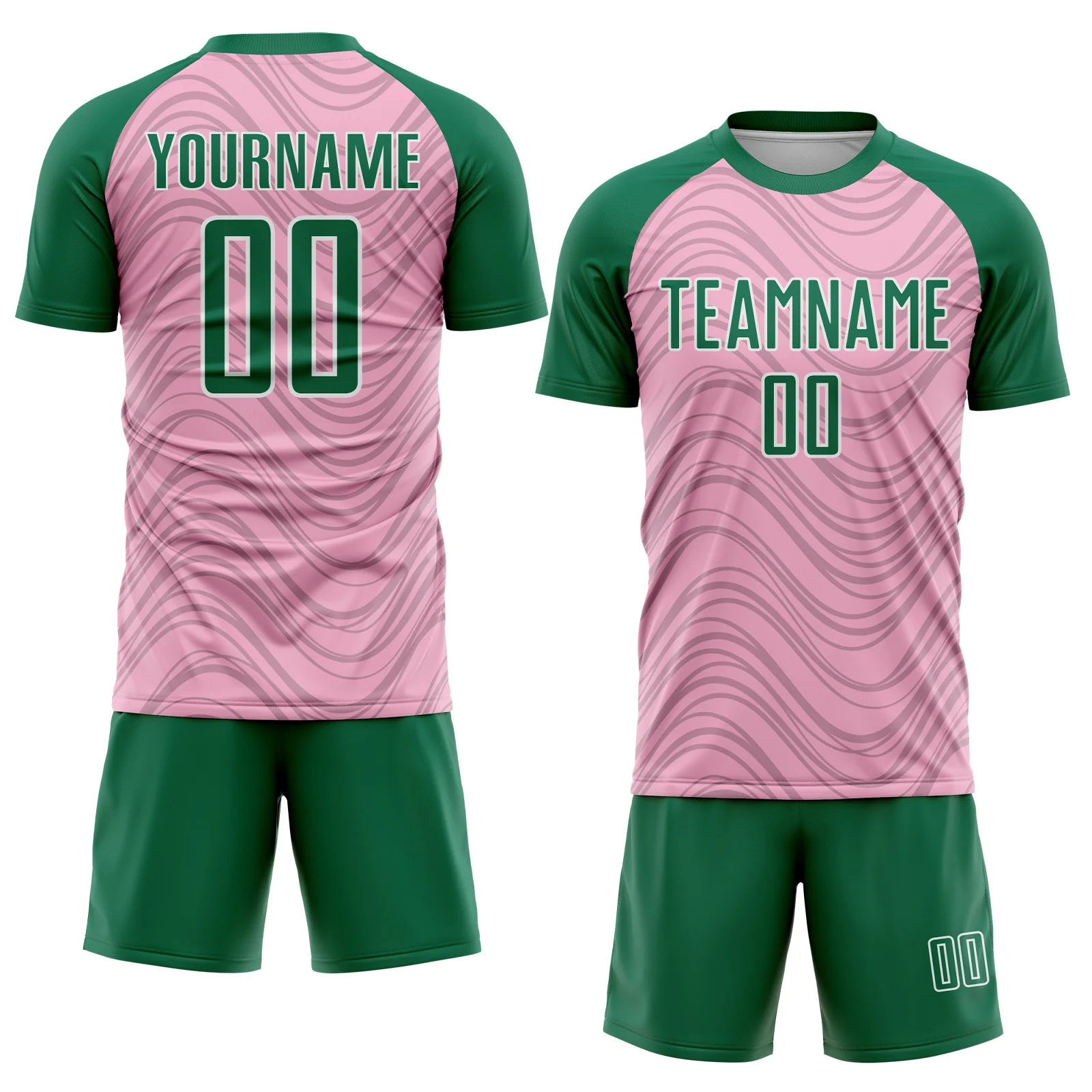 Custom Light Pink Kelly Green-White Wavy Lines Sports Sublimation Soccer Uniform Jersey - Image 2