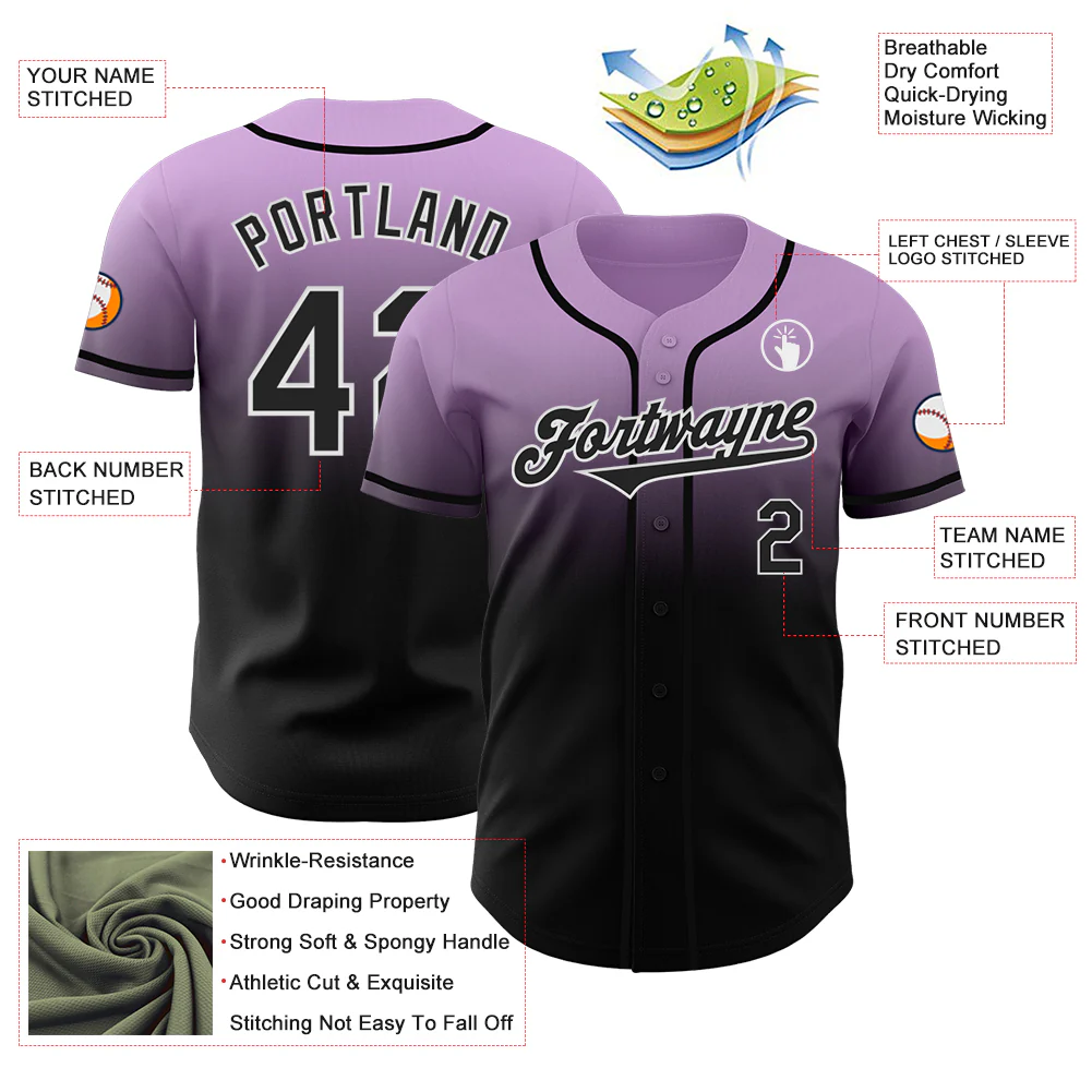 Custom Light Purple Black-White Authentic Fade Fashion Baseball Jersey - Image 3