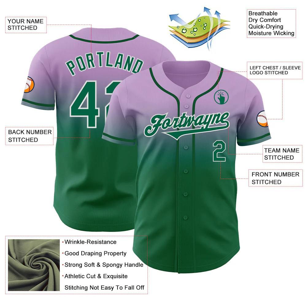 Custom Light Purple Kelly Green-White Authentic Fade Fashion Baseball Jersey - Image 3