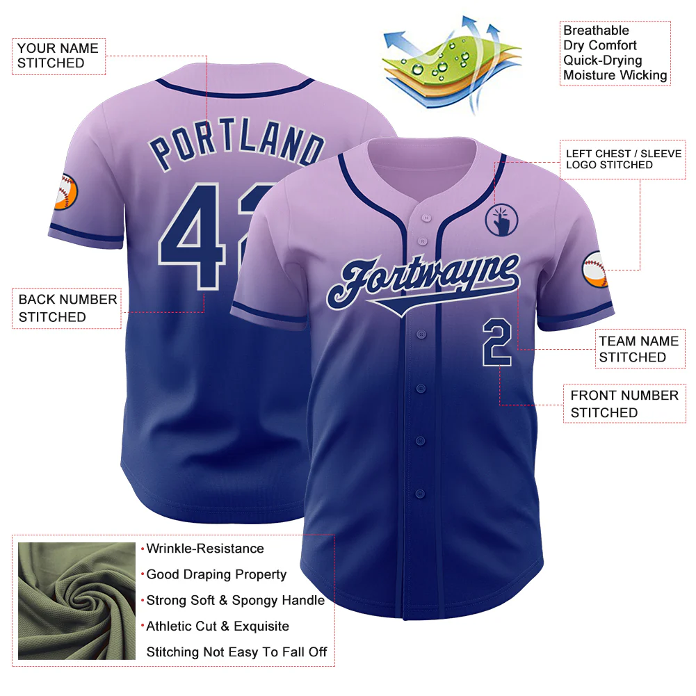 Custom Light Purple Royal-White Authentic Fade Fashion Baseball Jersey - Image 3