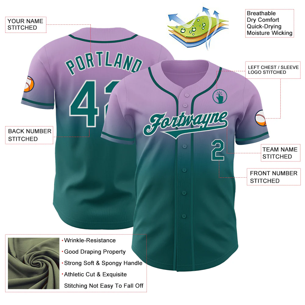 Custom Light Purple Teal-White Authentic Fade Fashion Baseball Jersey - Image 3