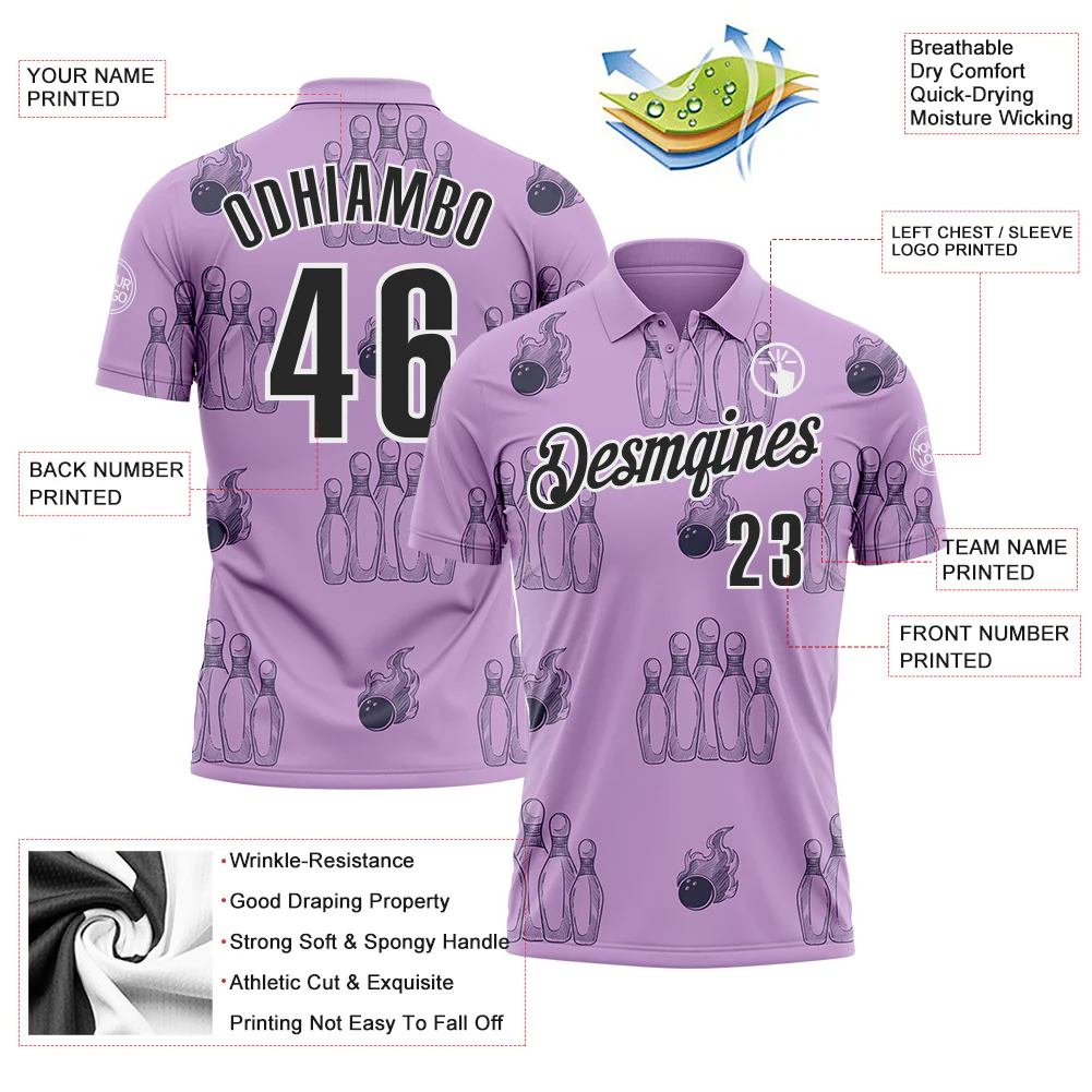 Custom Light Purple Black-White 3D Bowling Flaming Ball Performance Polo Shirt - Image 3