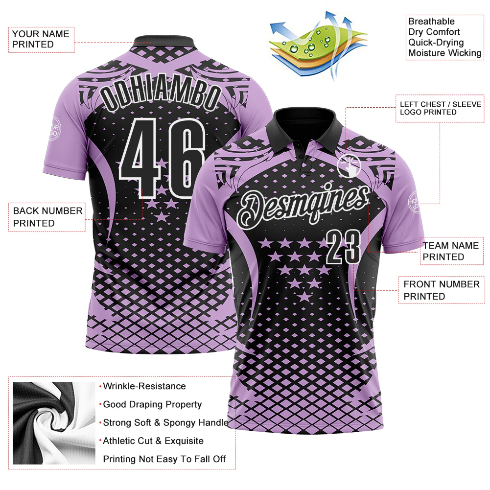 Custom Light Purple Black-White 3D Pattern Design Star And Geometric Shapes Performance Polo Shirt - Image 3