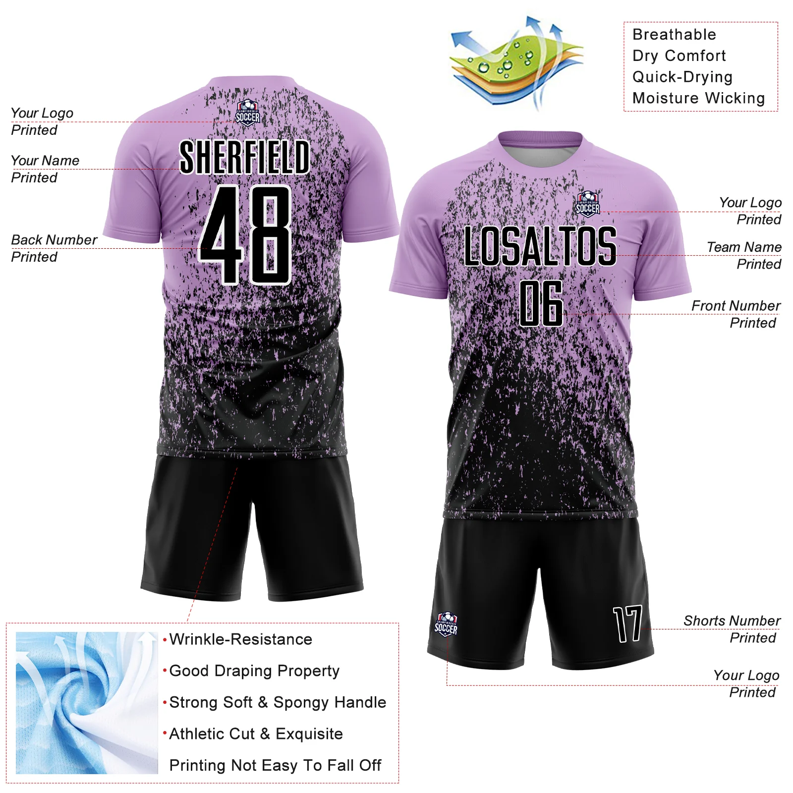 Custom Light Purple Black-White Abstract Fragment Art Sublimation Soccer Uniform Jersey - Image 4