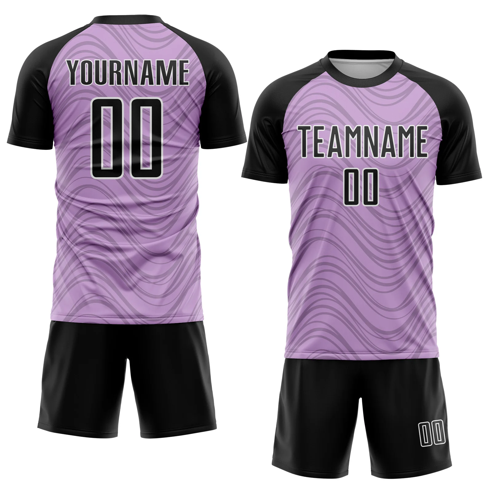 Custom Light Purple Black-White Wavy Lines Sports Sublimation Soccer Uniform Jersey - Image 2