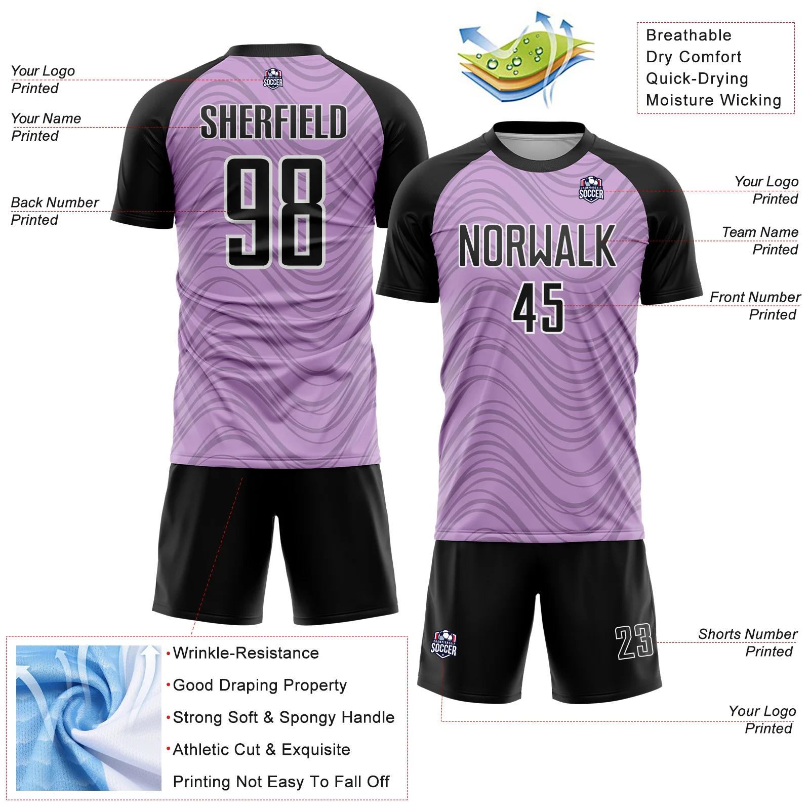 Custom Light Purple Black-White Wavy Lines Sports Sublimation Soccer Uniform Jersey - Image 4