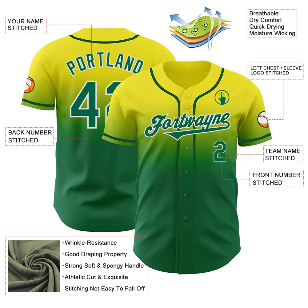 Custom Light Yellow Kelly Green-White Authentic Fade Fashion Baseball Jersey - Image 3