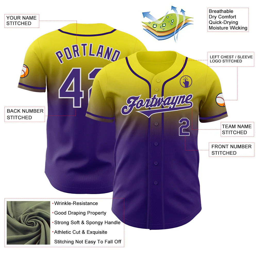Custom Light Yellow Purple-White Authentic Fade Fashion Baseball Jersey - Image 3