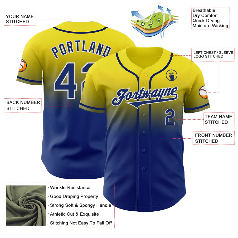Custom Light Yellow Royal-White Authentic Fade Fashion Baseball Jersey - Image 3