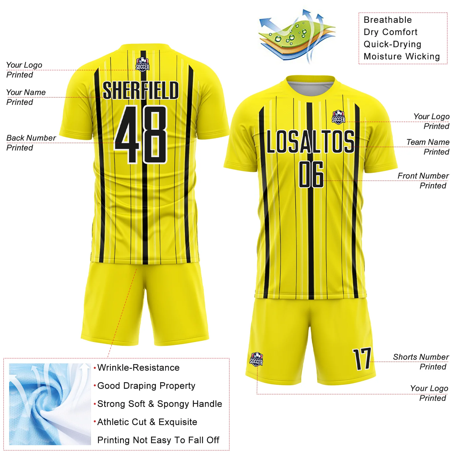 Custom Light Yellow Black-White Stripe Sublimation Soccer Uniform Jersey - Image 4