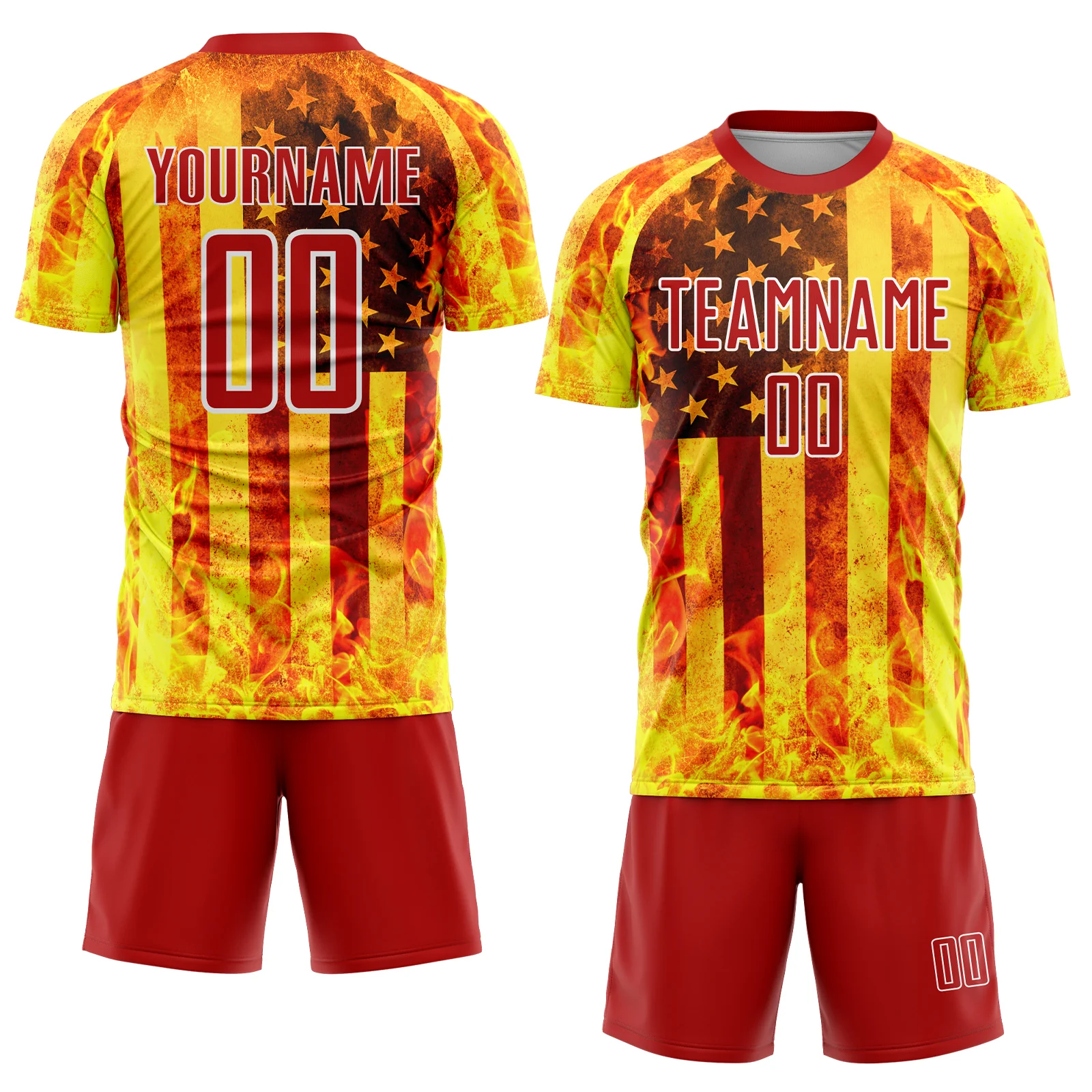 Custom Light Yellow Red-White American Flag Flame Sublimation Soccer Uniform Jersey - Image 2