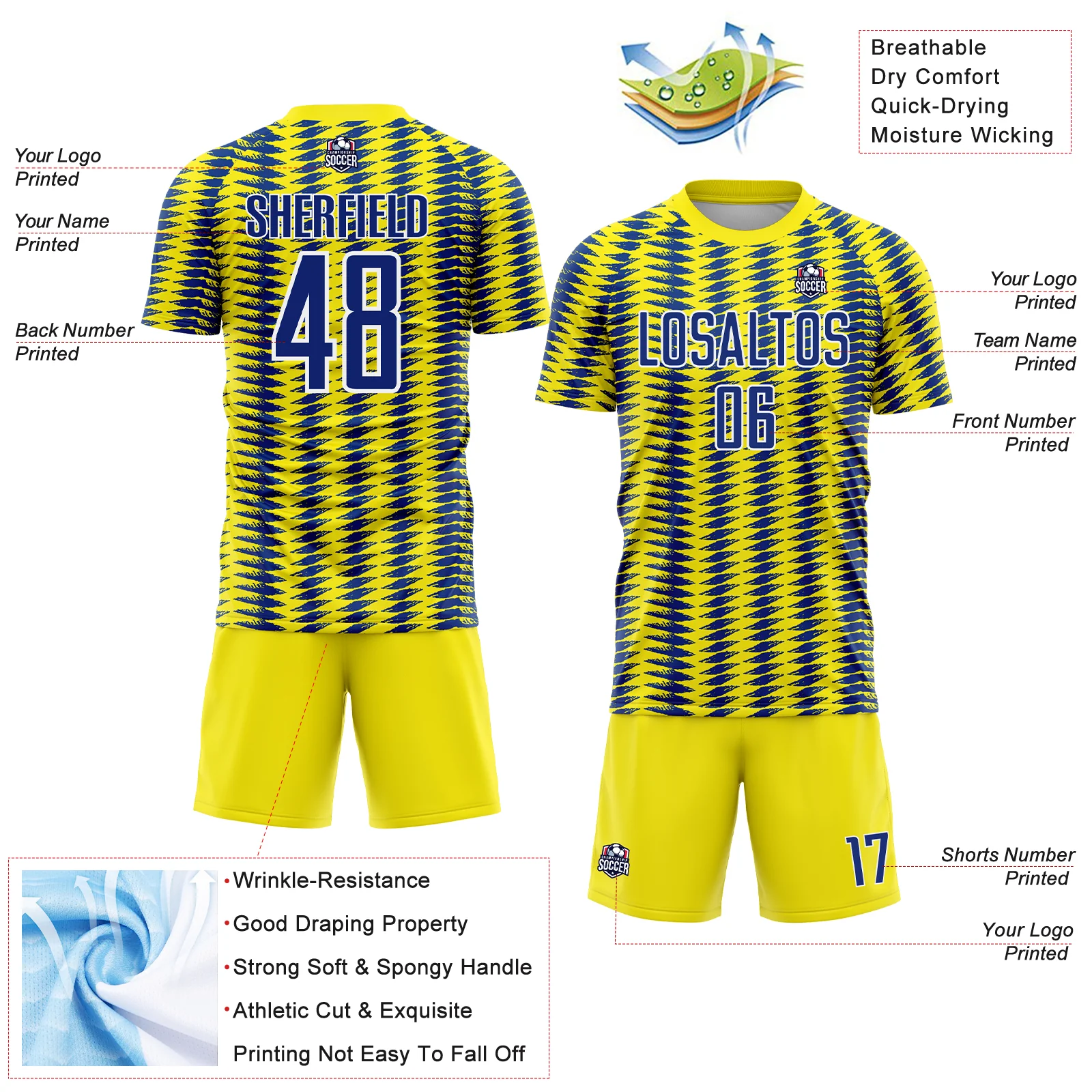 Custom Light Yellow Royal-White Colombia Feather Pattern Sublimation Soccer Uniform Jersey - Image 4