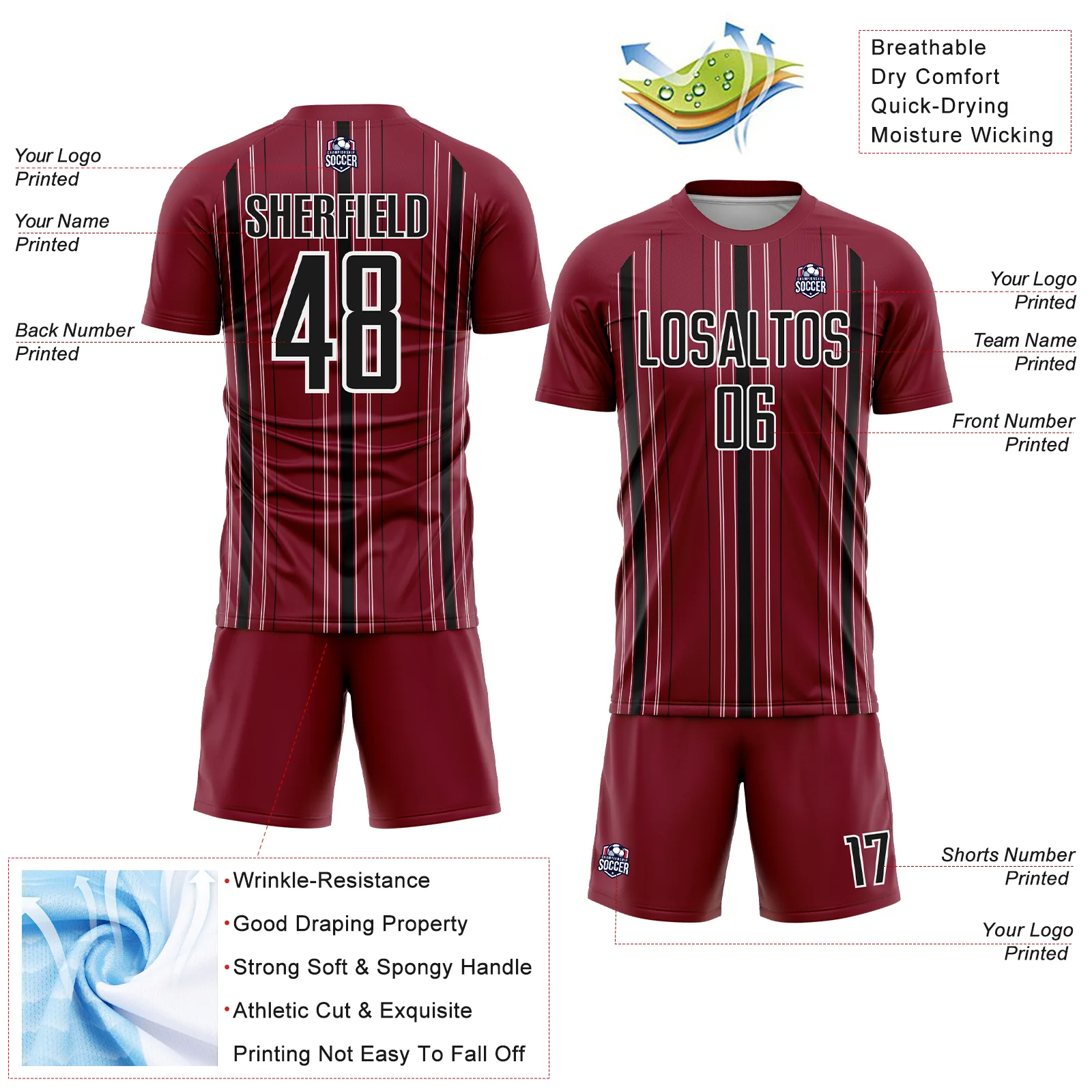 Custom Maroon Black-White Stripe Sublimation Soccer Uniform Jersey - Image 4