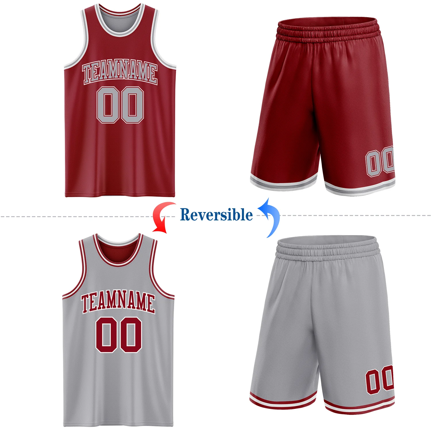 Custom Reversible Maroon Gray-White Double Side Sublimation Basketball Suit Jersey - Image 2