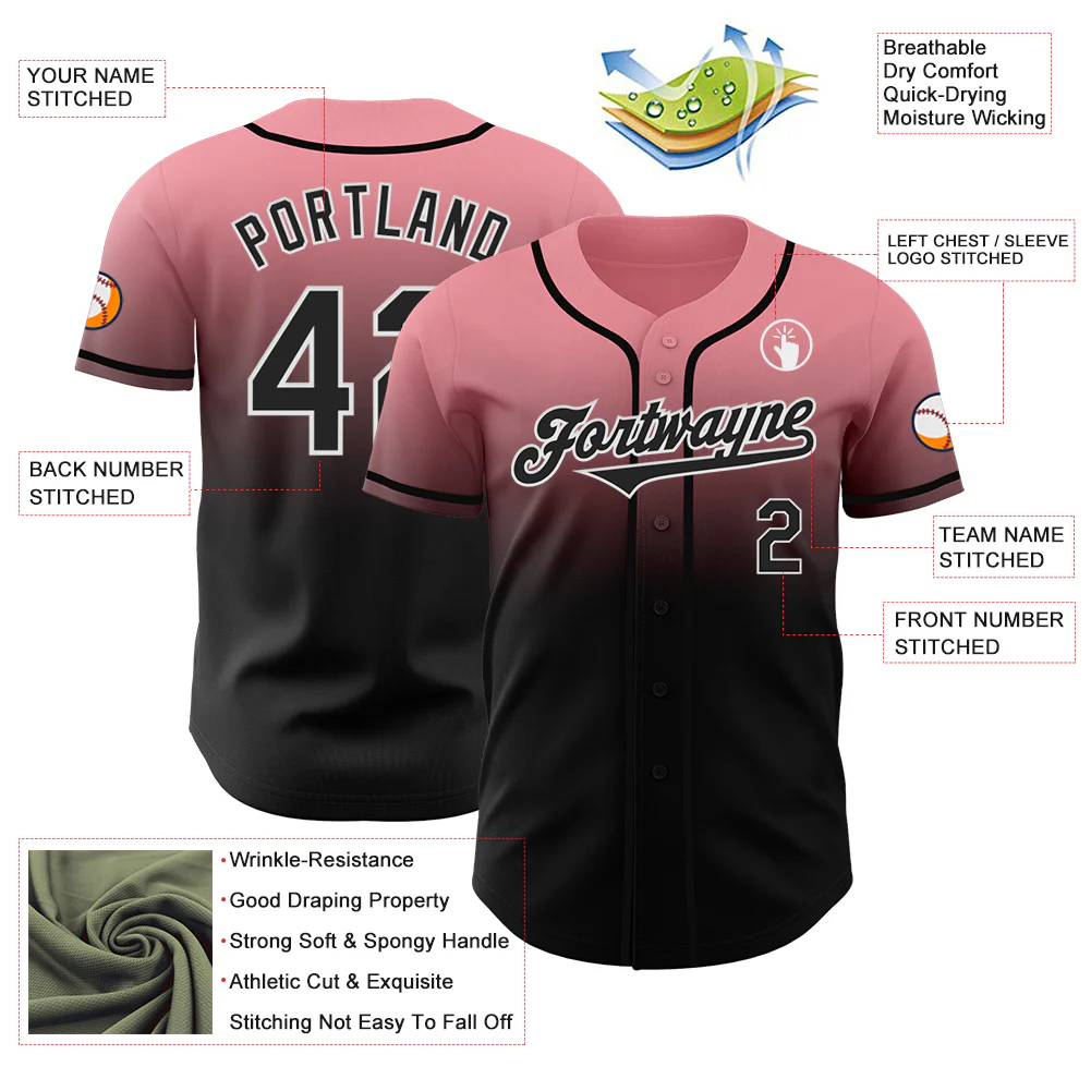 Custom Medium Pink Black-White Authentic Fade Fashion Baseball Jersey - Image 3
