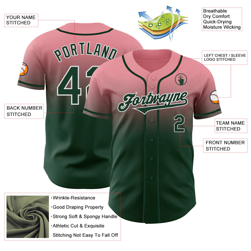 Custom Medium Pink Green-White Authentic Fade Fashion Baseball Jersey - Image 3