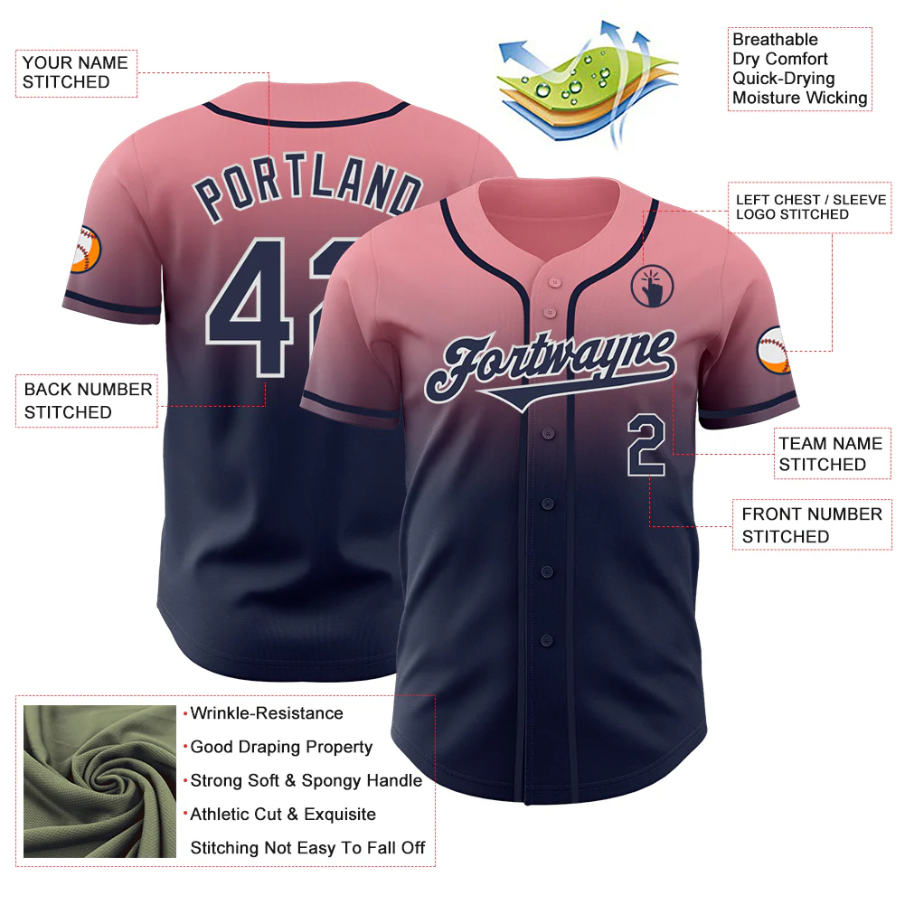 Custom Medium Pink Navy-White Authentic Fade Fashion Baseball Jersey - Image 3