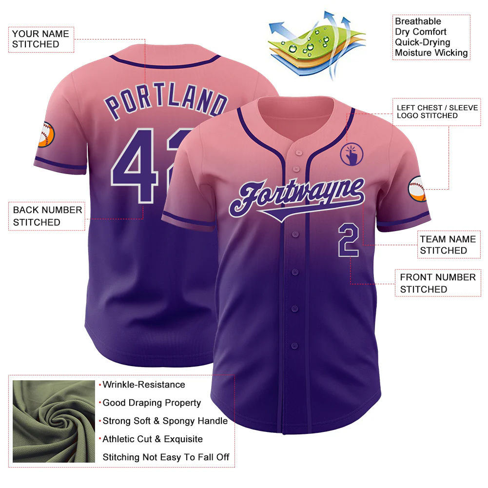Custom Medium Pink Purple-White Authentic Fade Fashion Baseball Jersey - Image 3